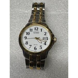 Citizen Eco-Drive Two-Tone Mens Watch WR 100 White Dial Date Display Stainless S